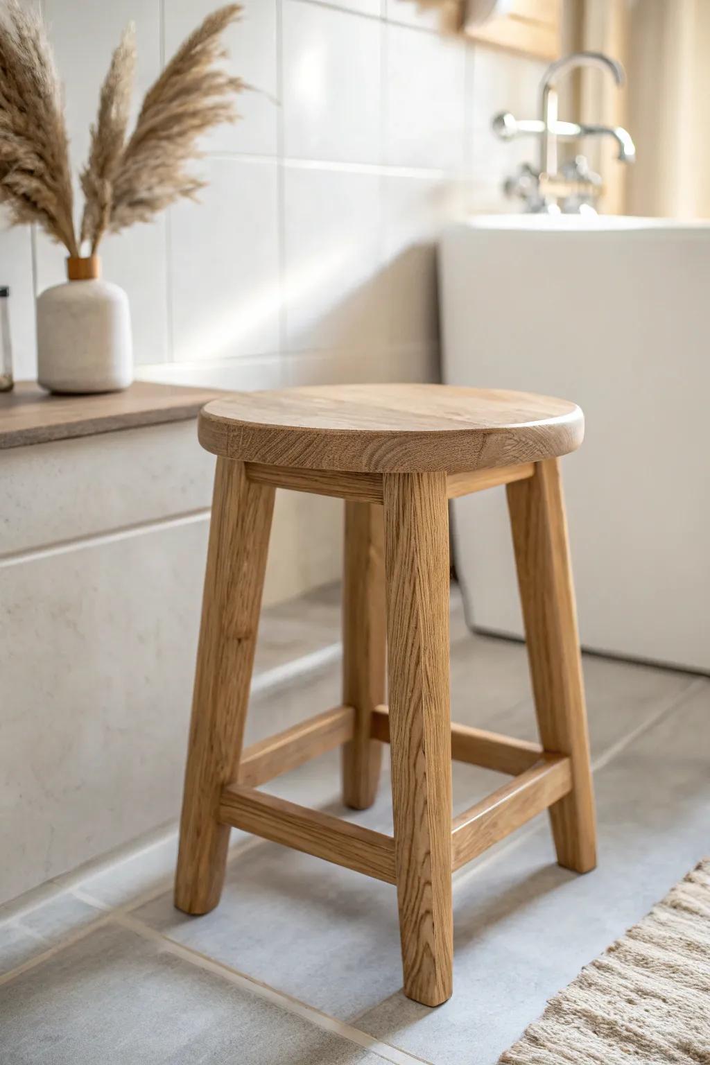 One warm wood accent transforms a small bathroom from sterile to suite-worthy.