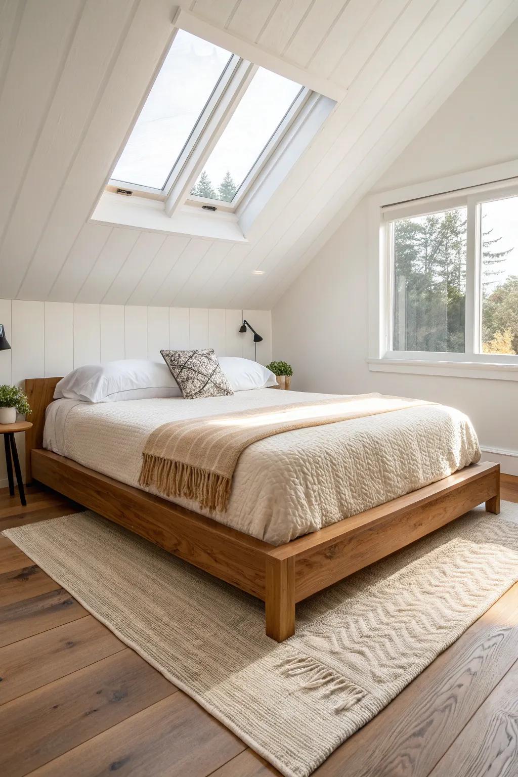 A low-profile platform bed opens up a small master—instant airy, ceiling-lifting calm.