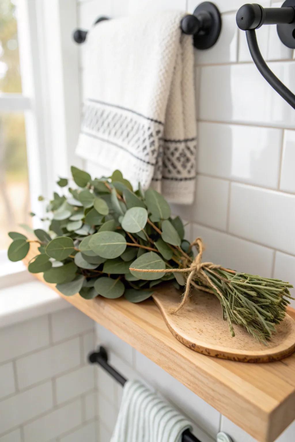 One eucalyptus bundle on a simple shelf adds fresh farmhouse calm without clutter.