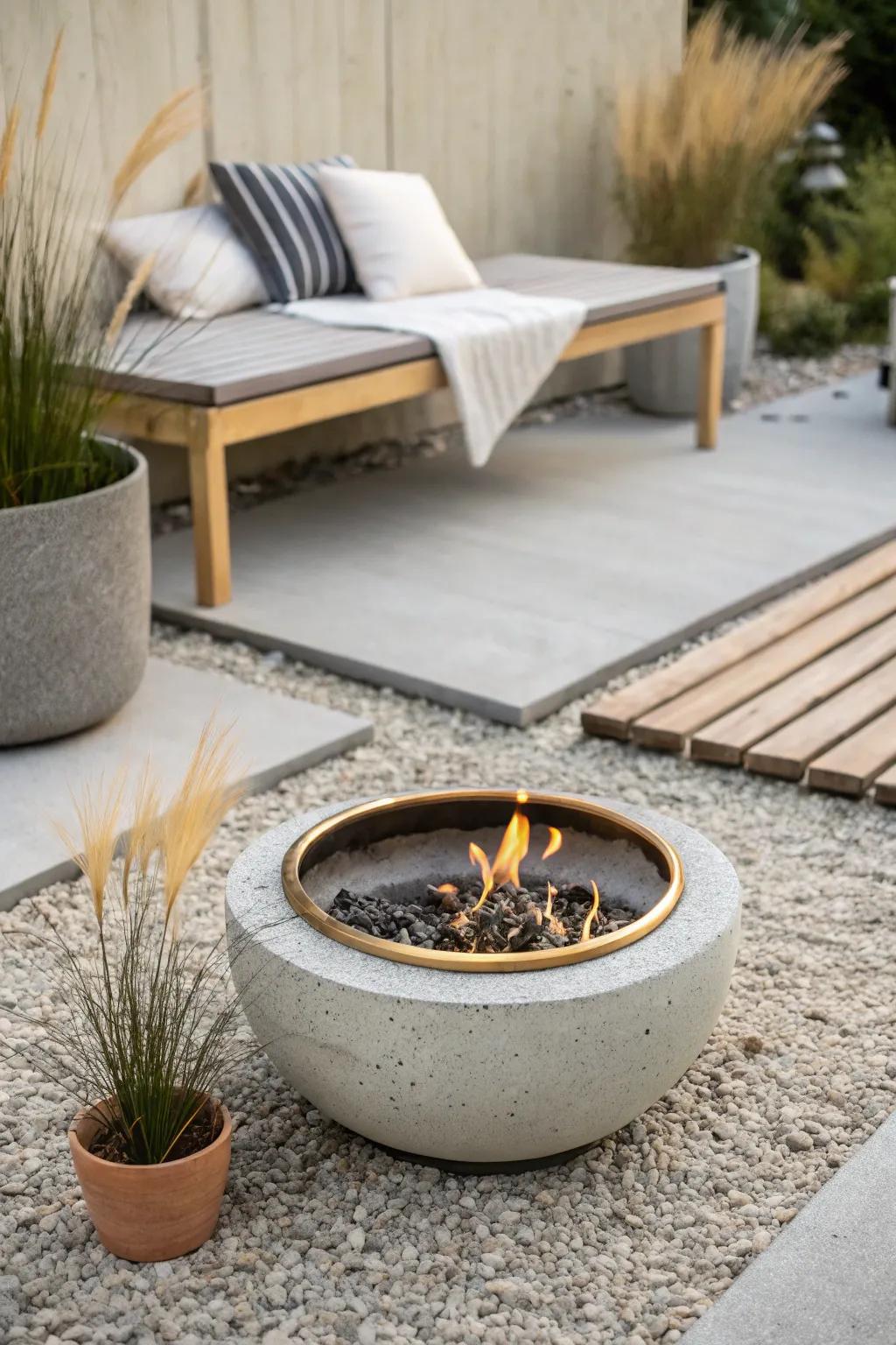 A compact fire bowl centered on gravel turns a small modern garden into the coziest hangout.