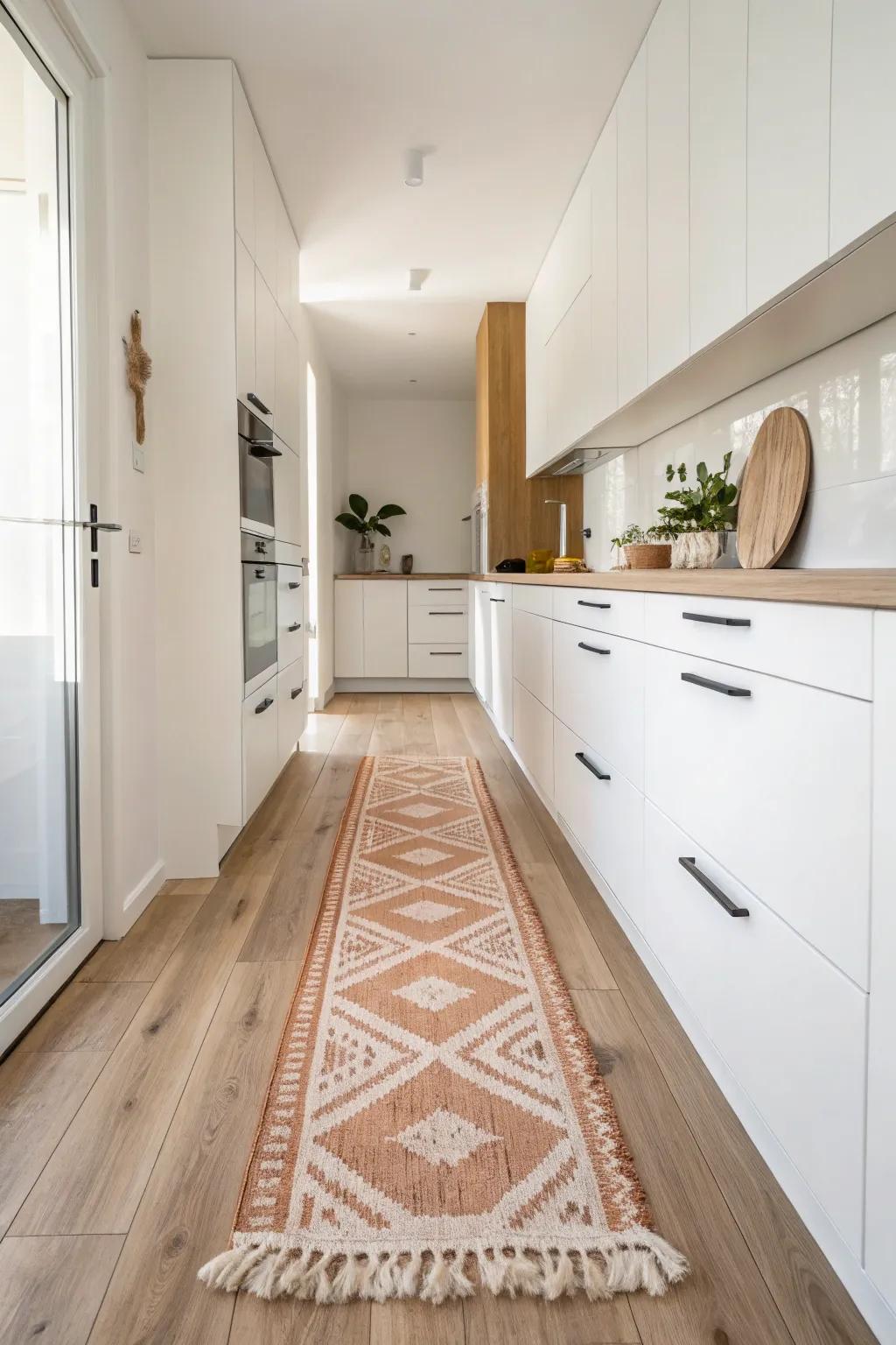 A low‑pile runner rug brings cozy warmth and intentional style to a narrow kitchen walkway.