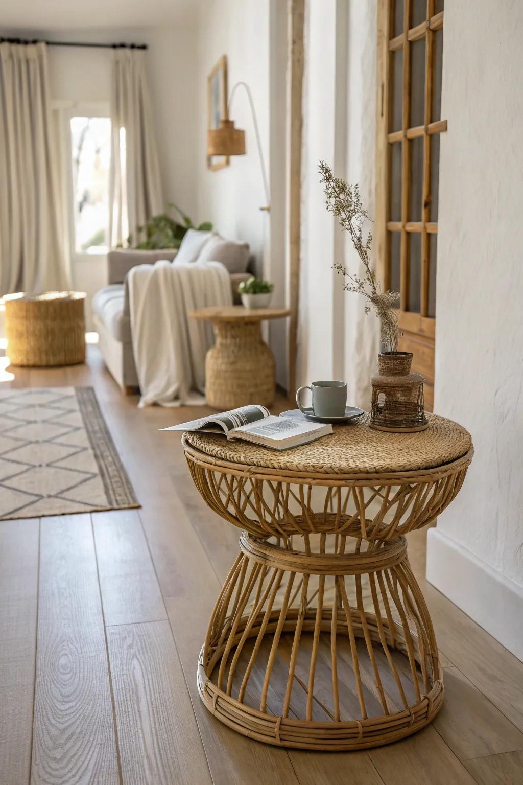 A tiny rattan side table at the far end turns a narrow room into a cozy micro lounge.
