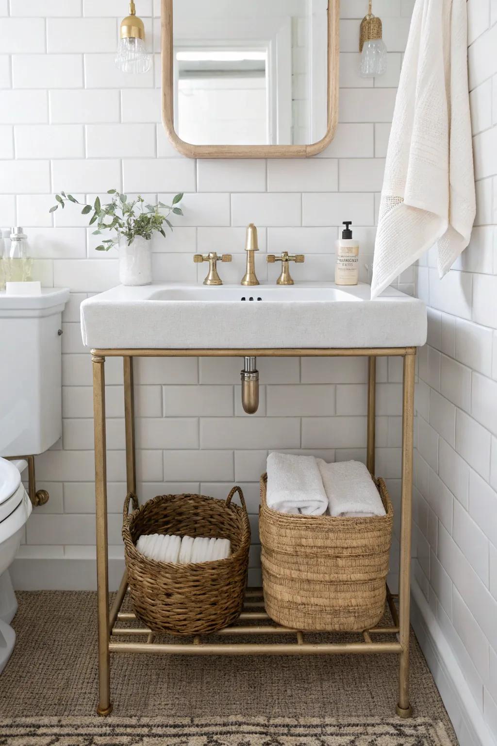 A tiny console sink + woven baskets keeps a small NYC bathroom airy—and adds storage.
