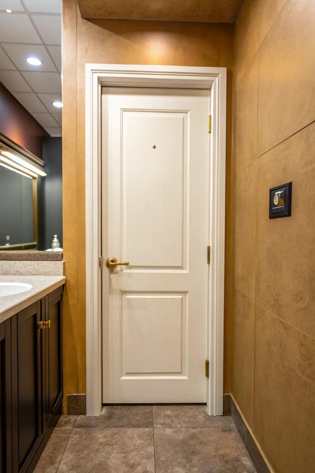 High-gloss bathroom door reflects light like a mirror—instant polish for tiny office baths.