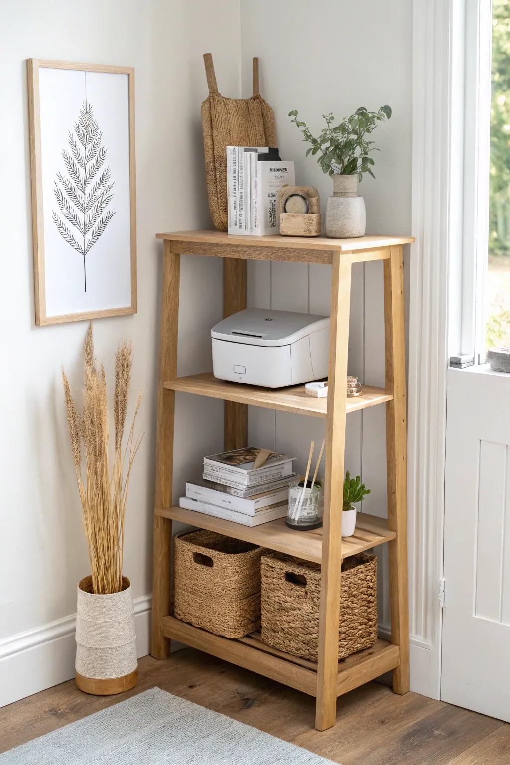 Turn an empty corner into a chic printer-and-paper station with slim, airy shelves.