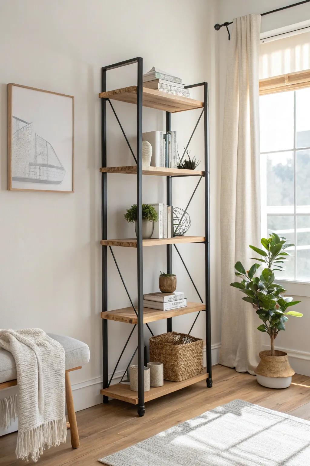 An open shelf divider defines zones while keeping your small floor plan light and flowing.