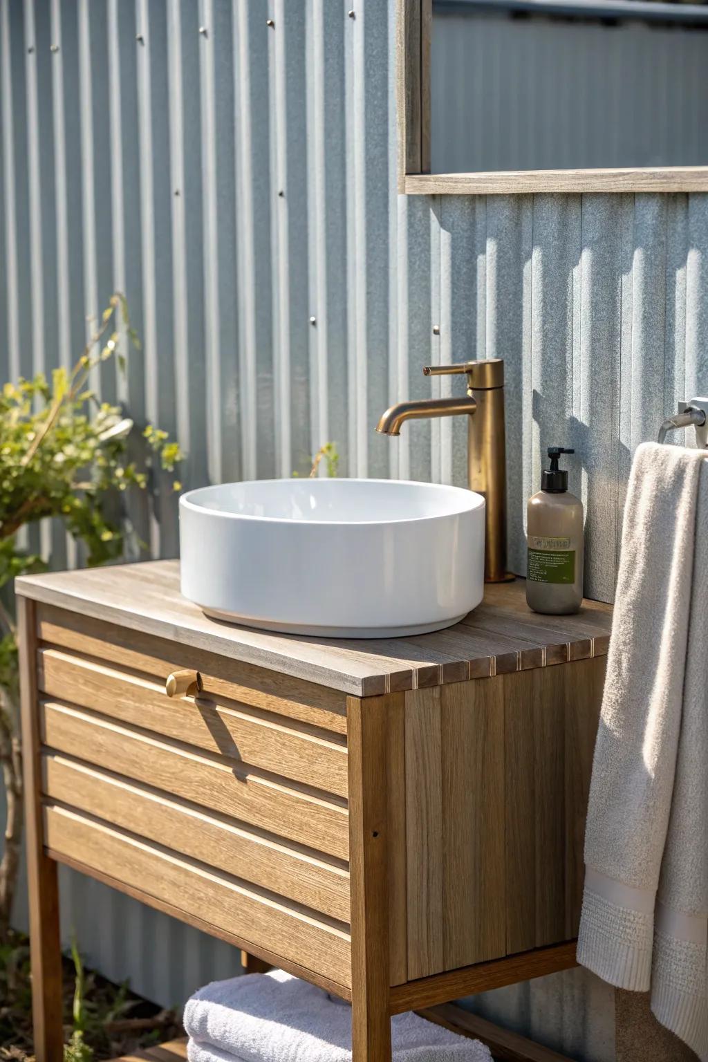Corrugated metal + warm wood turns a tiny outdoor bath corner into a modern retreat.