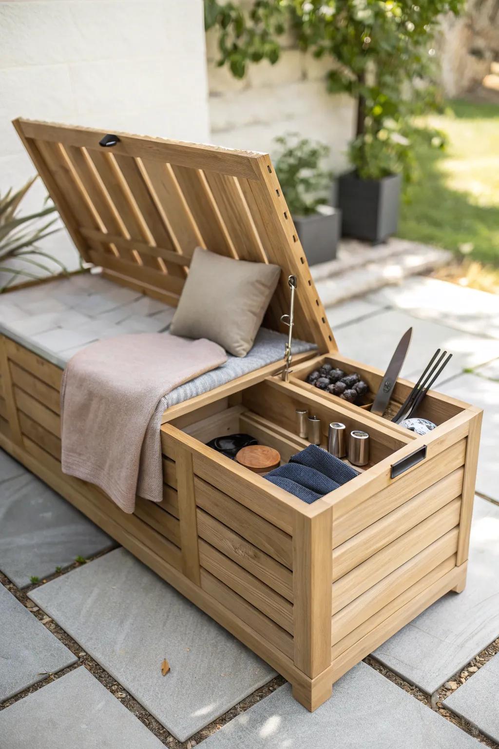 Hide grill tools and trays in a chic storage bench to keep a tiny BBQ patio calm.