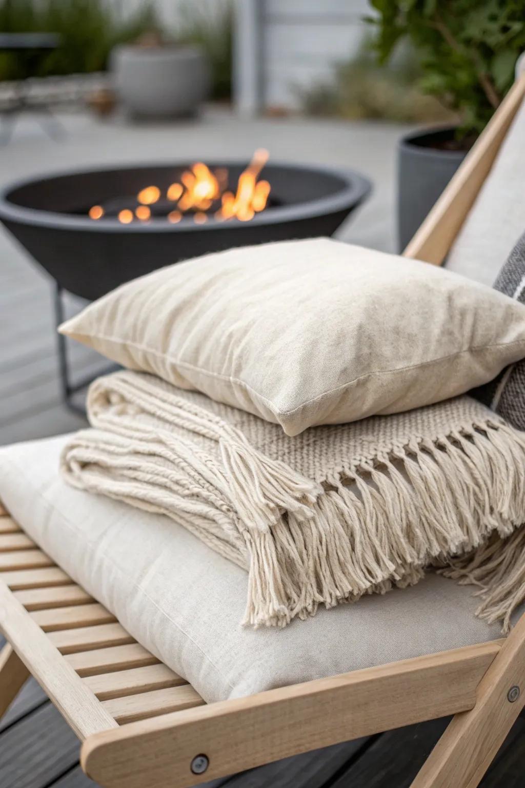 Layer cozy throws and outdoor pillows by a petite fireplace to make any patio feel like home.