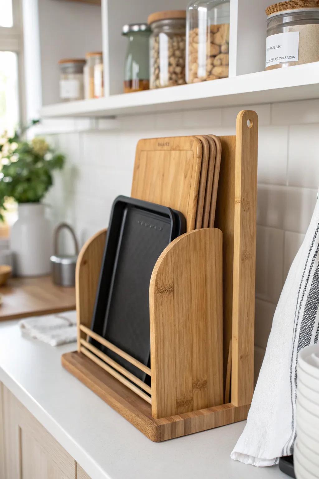 Store baking sheets and boards upright with vertical dividers for a calm, space-saving pantry.