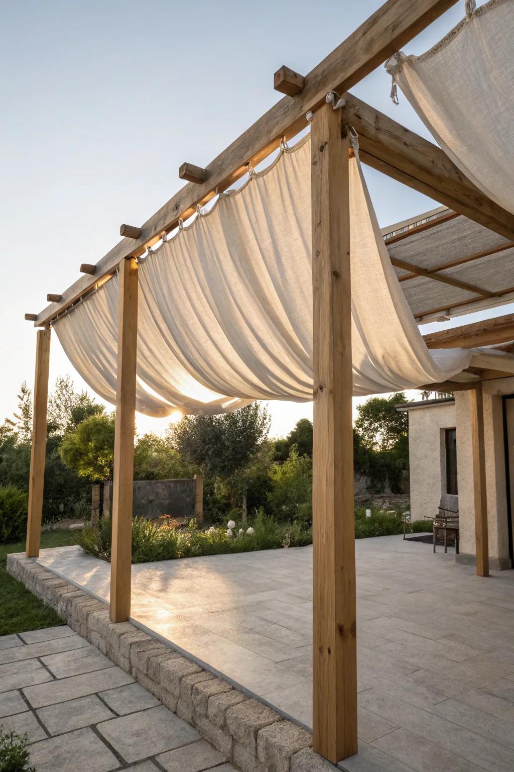 A simple linen canopy adds instant outdoor-room energy and cozy privacy to a small patio.