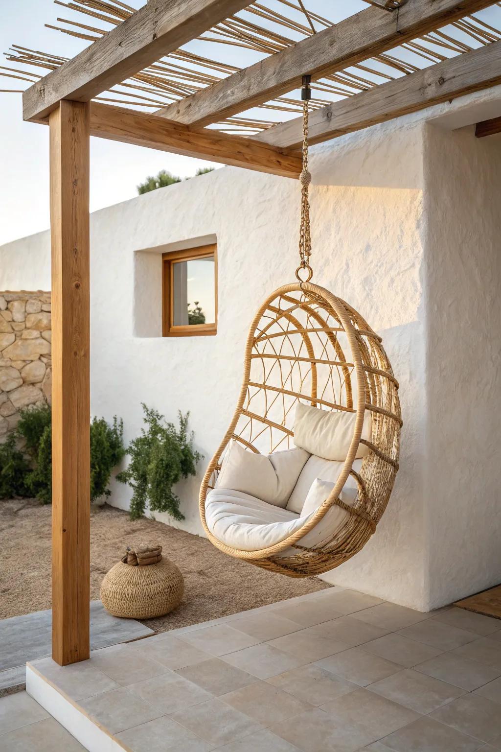 A woven hanging chair turns a tiny pergola corner into a serene, luxury escape.