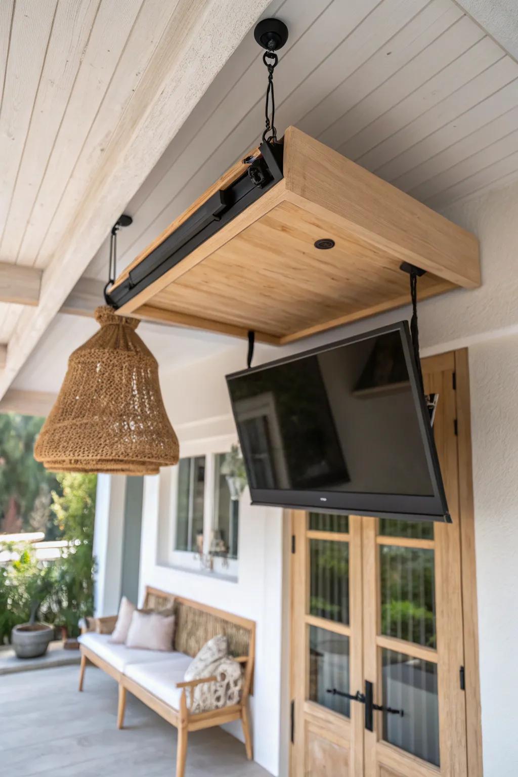 A ceiling drop-down TV keeps your small patio open—hide it away when you’re done.