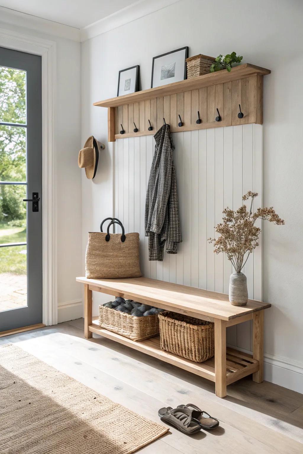 Mini living-room drop zone: hooks, narrow ledge, and woven basket for clutter-free ranch living.