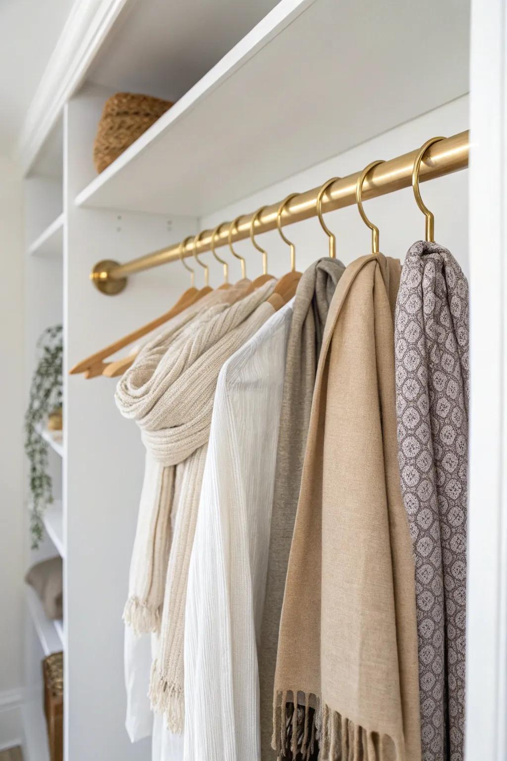A slim tension rod turns dead closet space into a chic scarf lane for easy morning grabs.