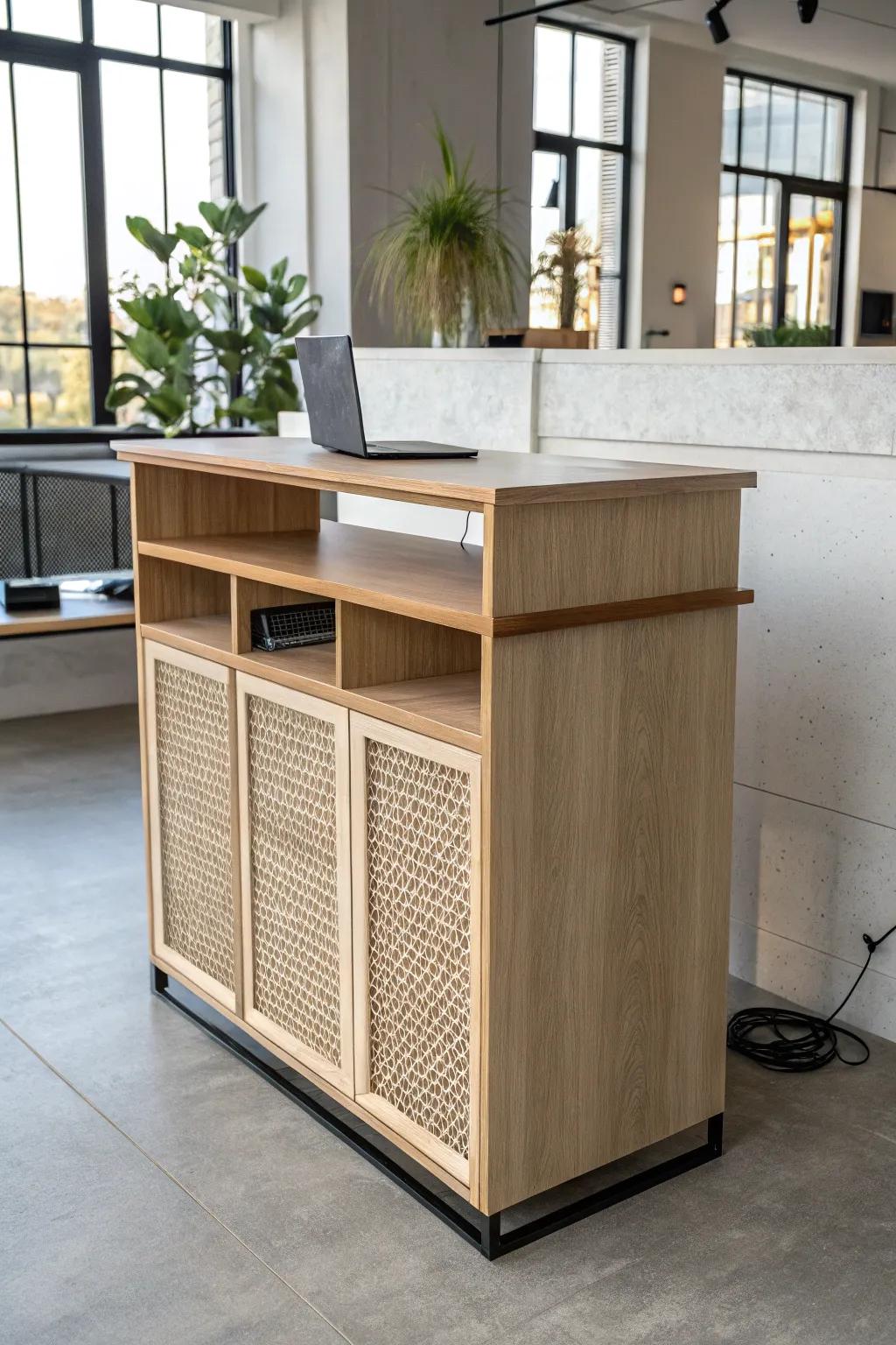 Compact standing-height reception desk in pale oak—sleek check-in spot for tiny lobbies.
