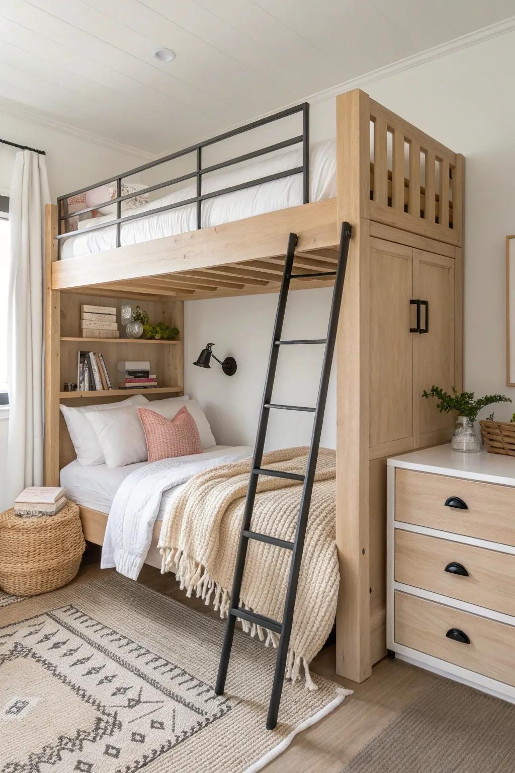 Corner loft bed hack: open space below for a slim desk and storage, calm boho minimalism.