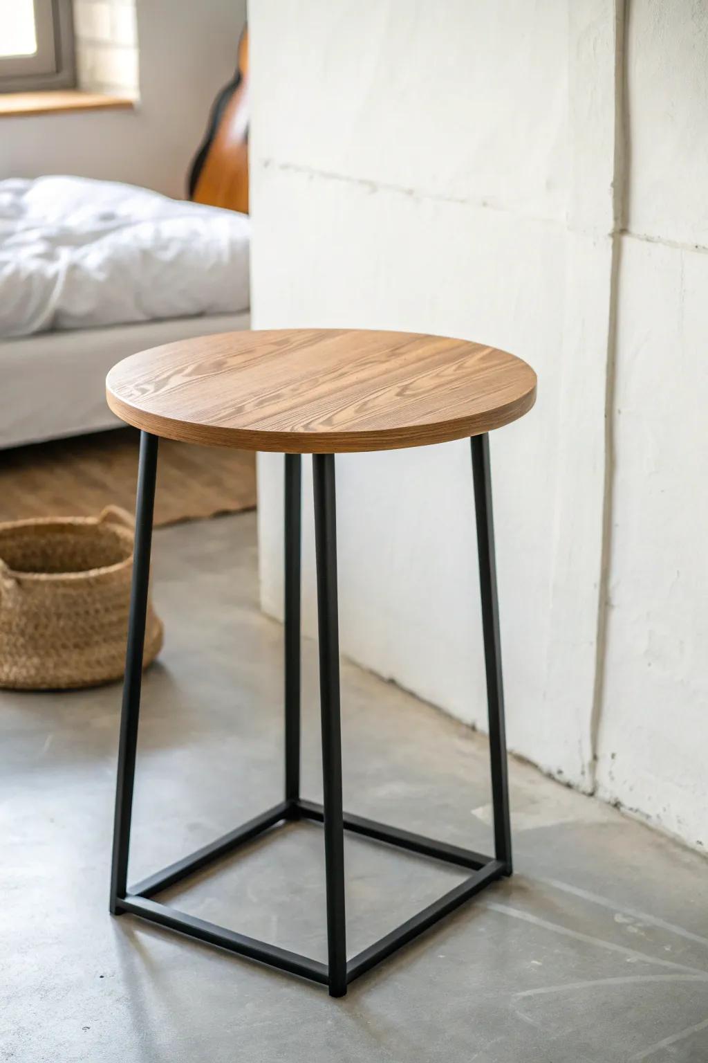 Warm oak + matte black steel: the easiest industrial touch that keeps a small room crisp.