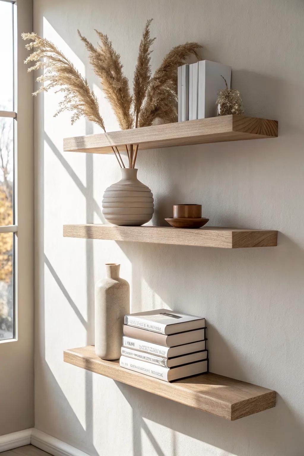 Paint shelves to match the wall for a seamless built-in look—small space, big custom vibe.