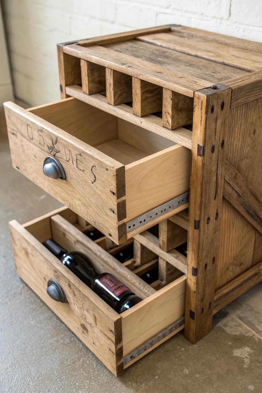 Slide-out wood crate drawers add rustic charm and smart storage to a small wine cellar.