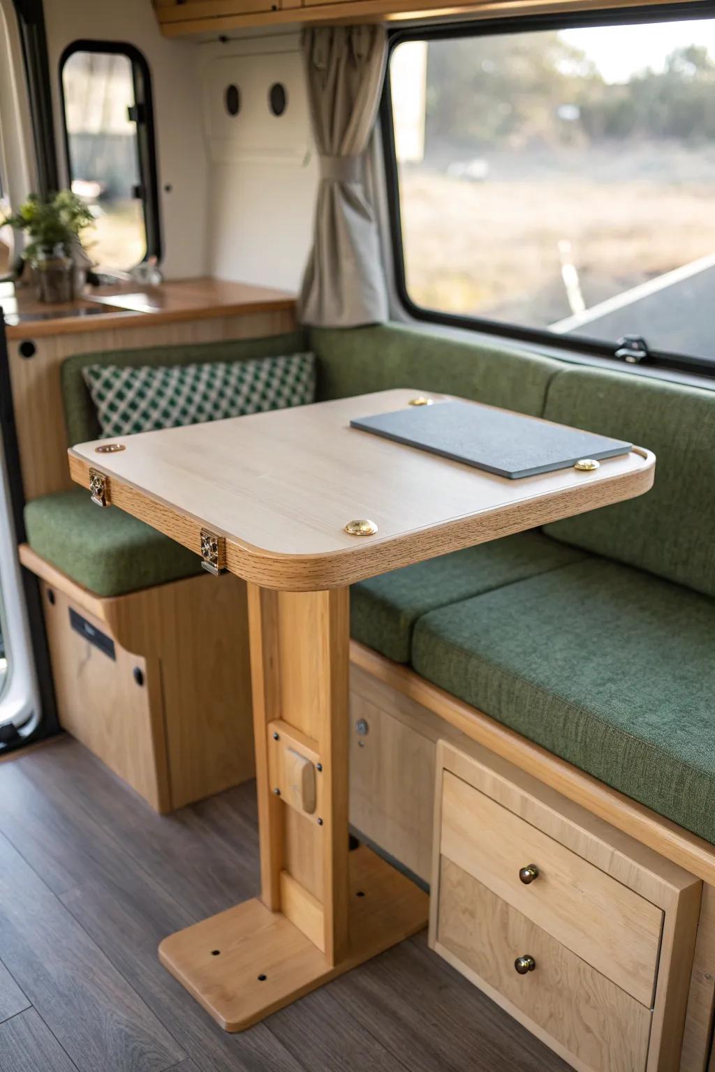 A foldable desk on the RV dinette creates a calm work zone—then packs away in seconds.