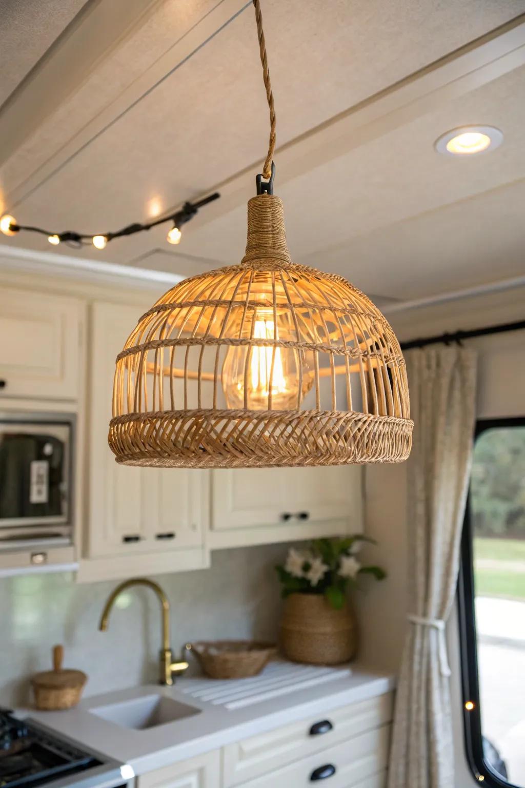 Swap harsh dome lights for a warm woven pendant to make your RV kitchen feel like home.