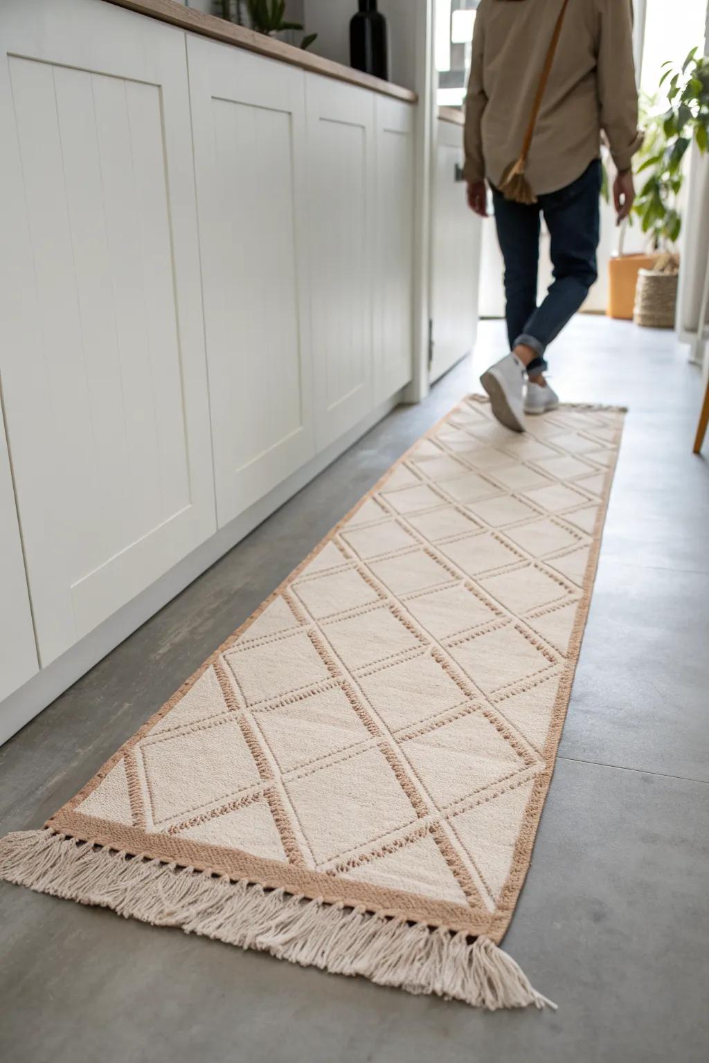 A low-pile washable runner brings comfort and definition to the tiniest scullery.