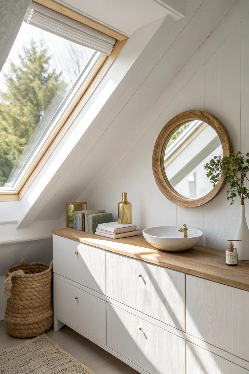 Turn a dormer nook into a bright mini dressing station with a slim shelf + mirror.