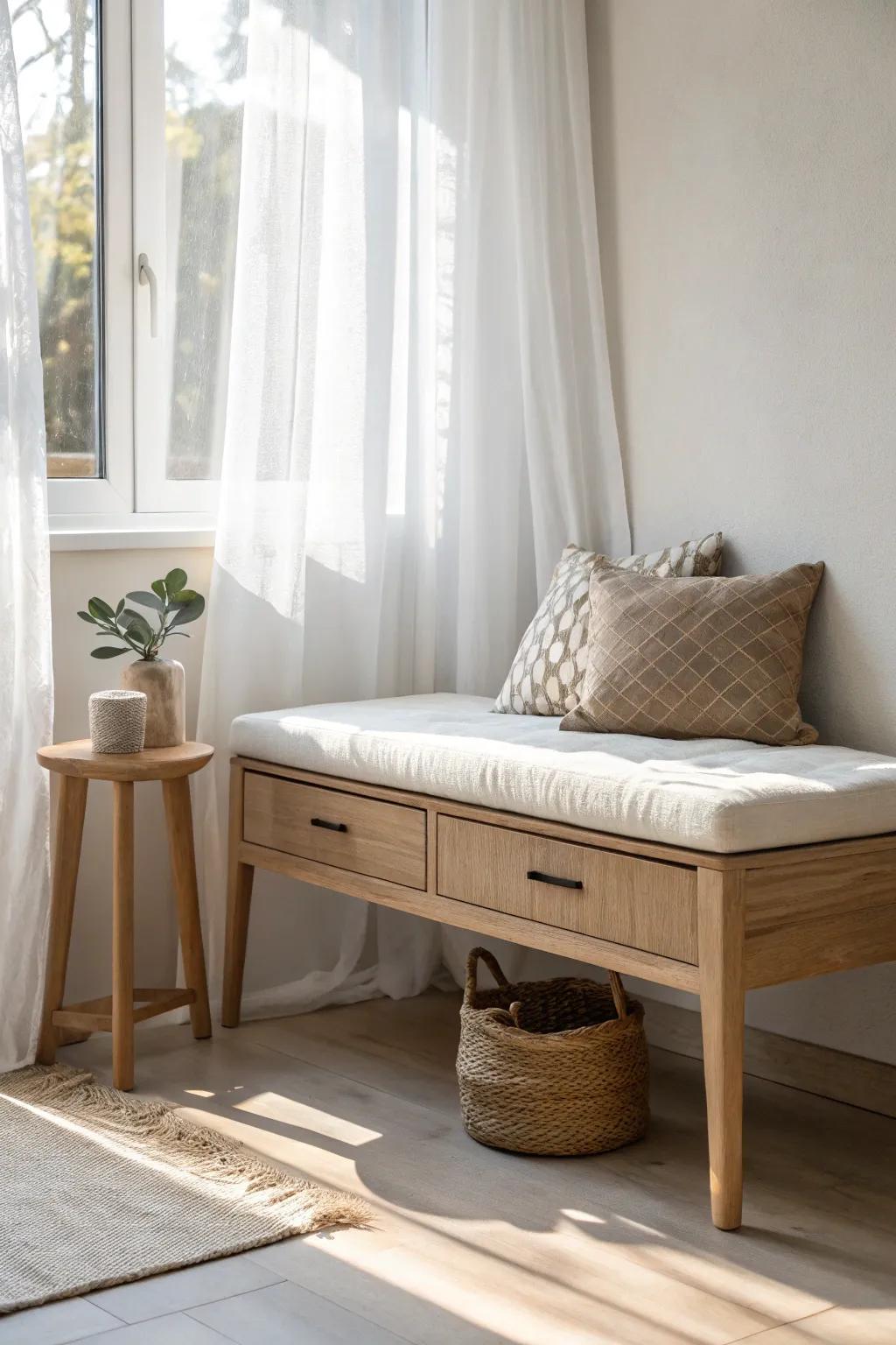 Build a cozy window nook: a pale-oak storage bench with linen cushions for an instant extra “room”.