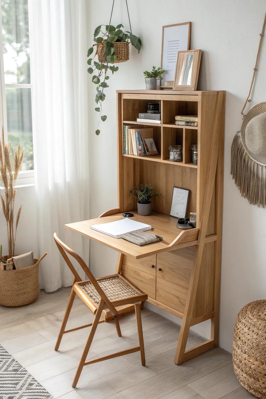 A fold-down desk that vanishes against the wall—instant open space for a spare room.