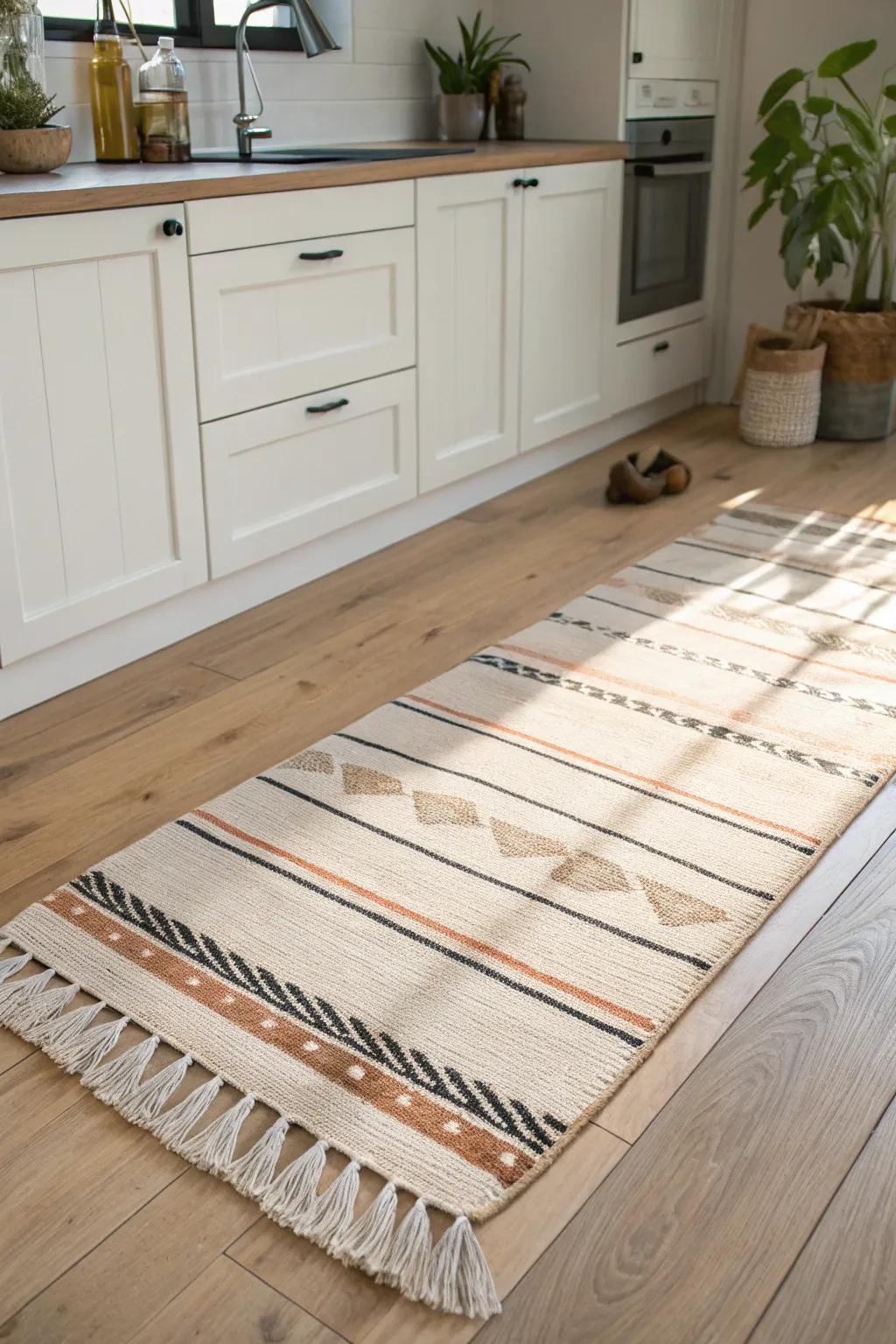 Define a small square kitchen with a handwoven runner rug—warmth, texture, and flow.