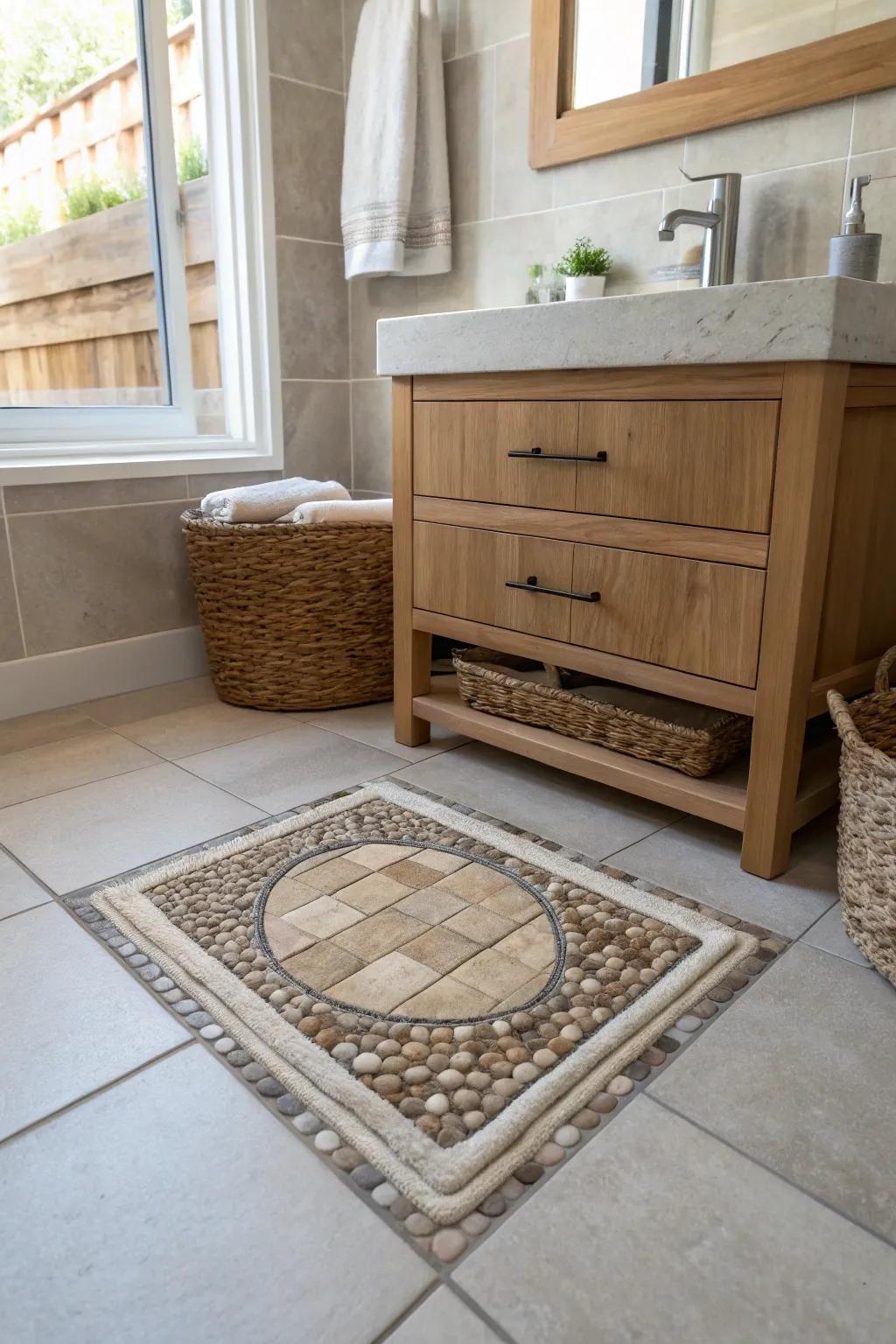 A boutique-hotel stone “rug” inlay adds texture and style—no fabric bath mat needed.