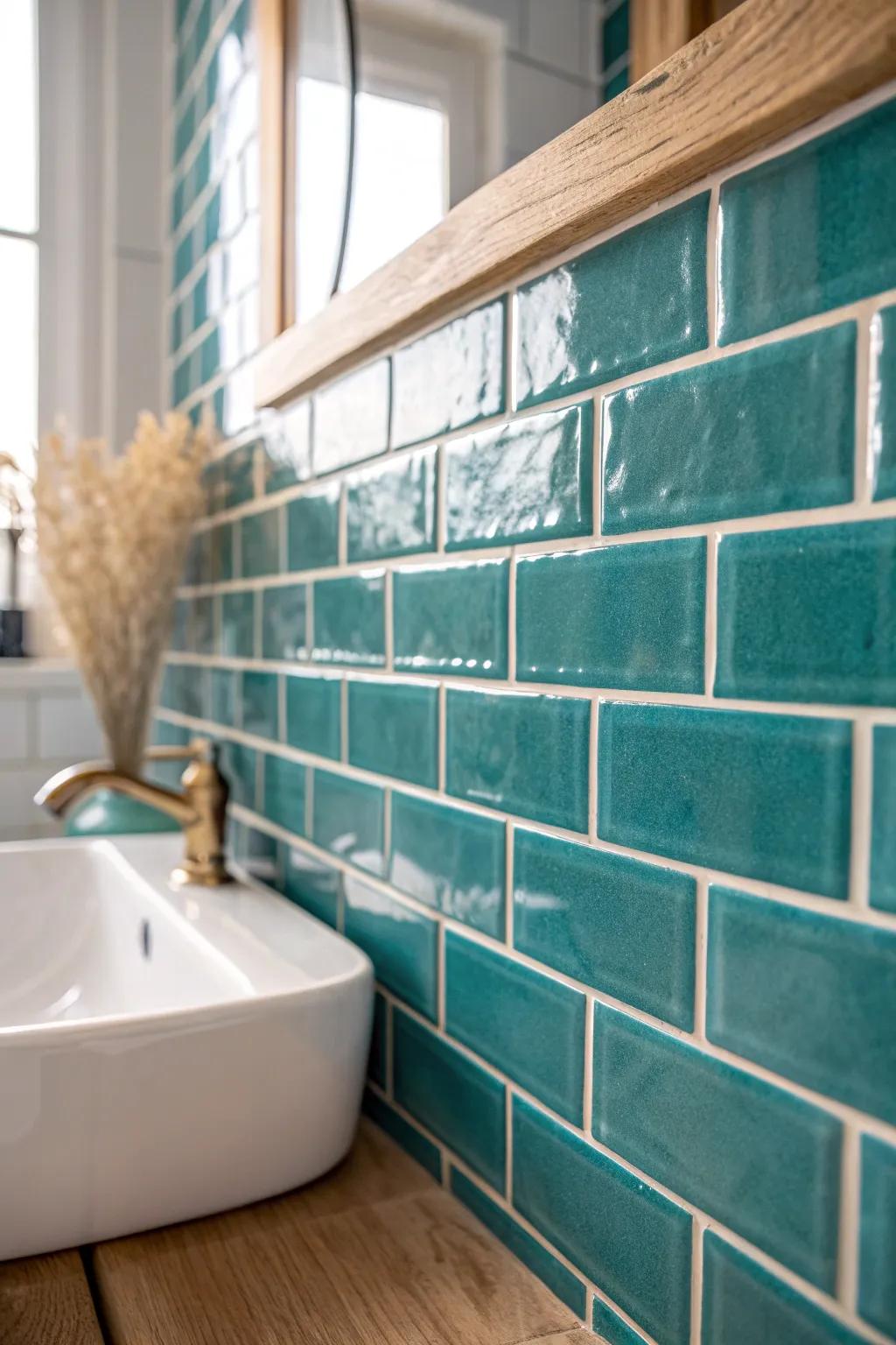 Teal tile + light grout makes even a tiny bathroom feel bright, airy, and spacious.