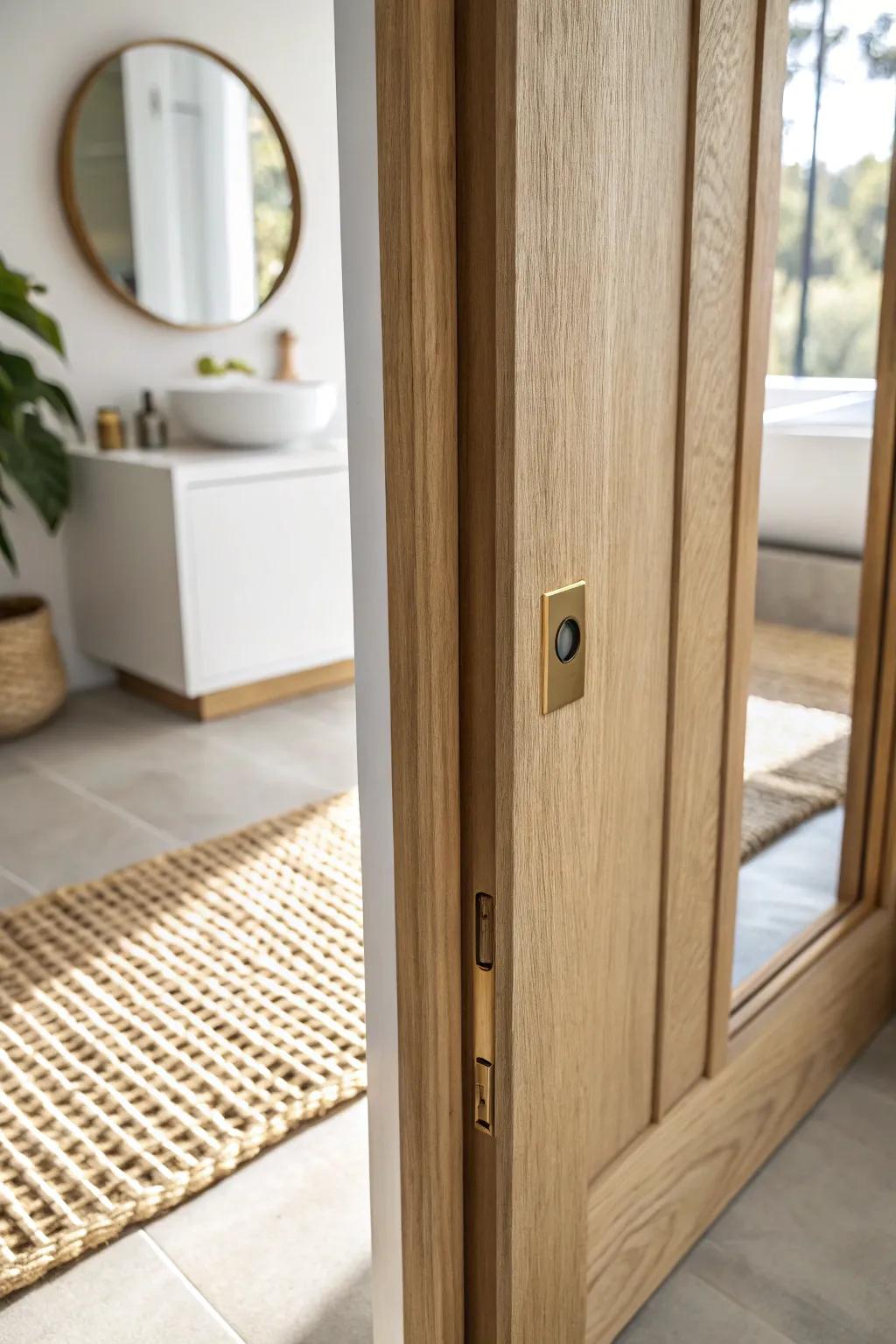 A pocket door frees precious floor space—clean, calm, and perfect for tiny bathrooms.