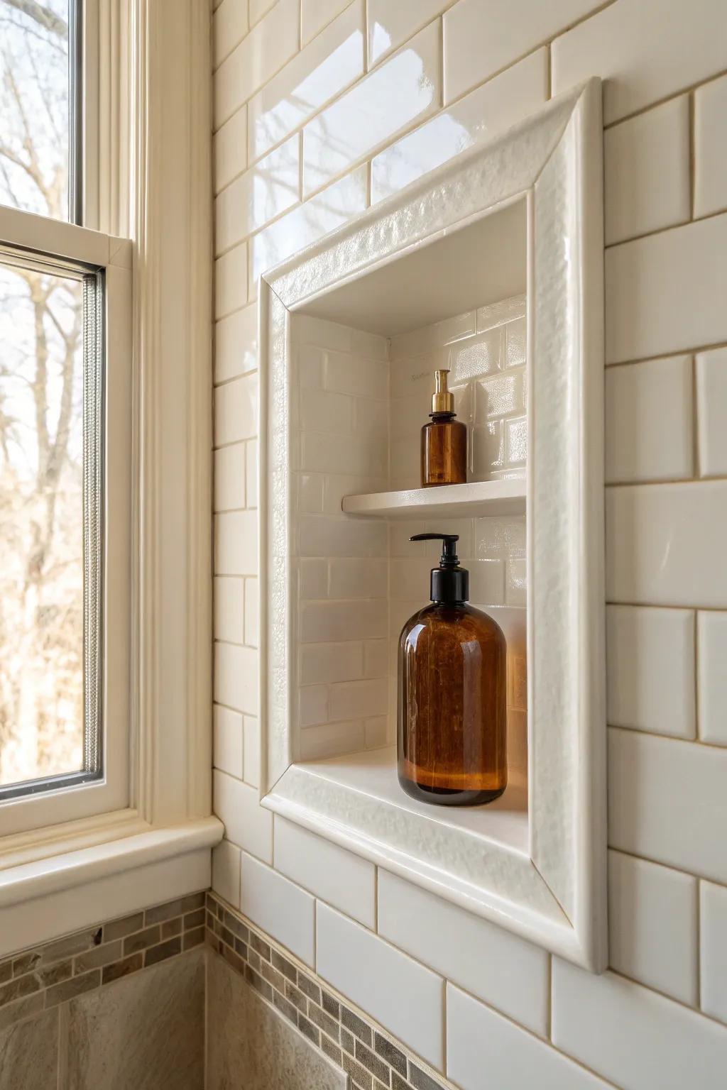 A recessed niche with simple trim keeps shower essentials tidy in a small traditional bath.