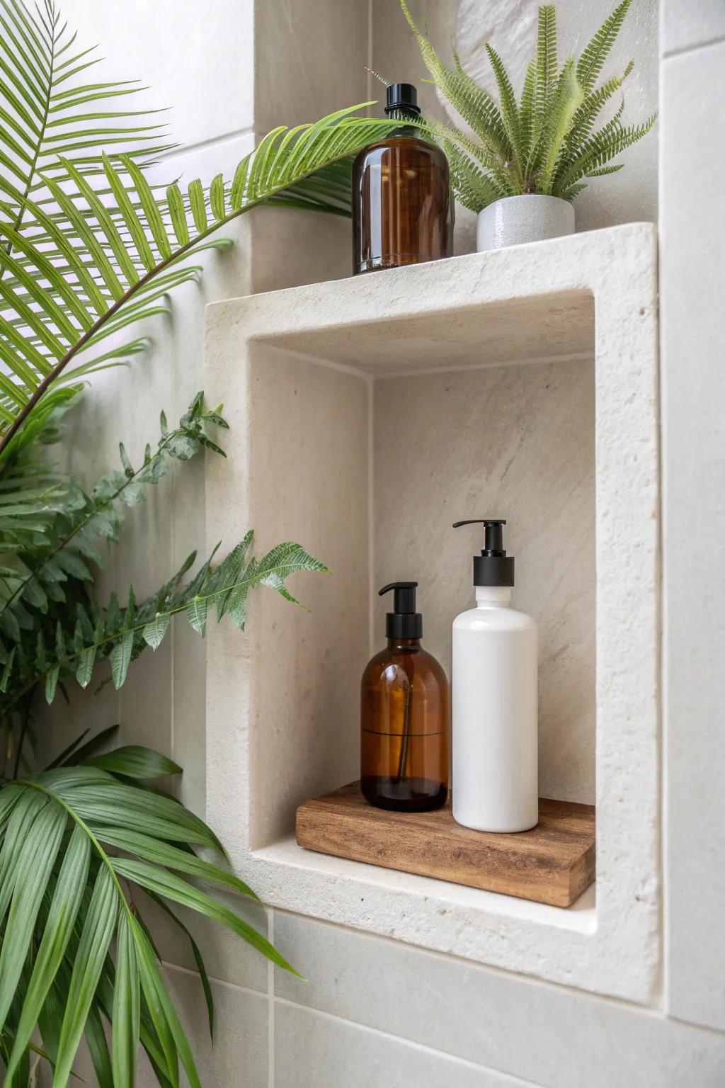 Turn a tiny shower niche into a mini jungle bar—storage + tropical greenery, boutique resort vibes.