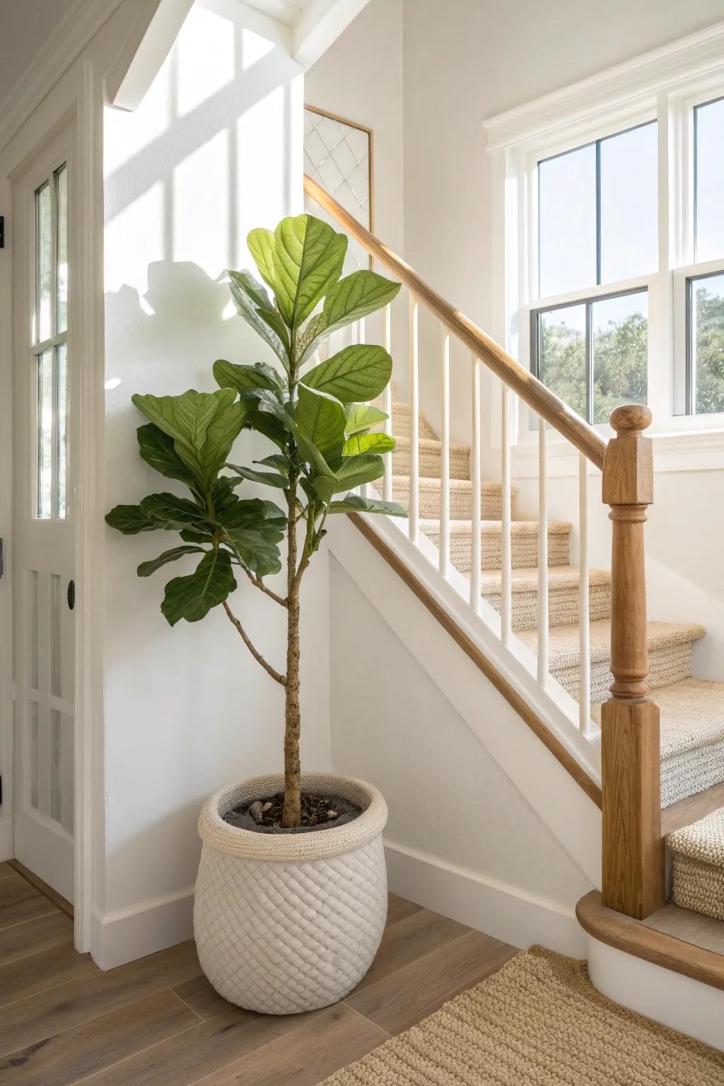 Turn a dead upstairs landing corner into a calm focal point with one tall statement plant.