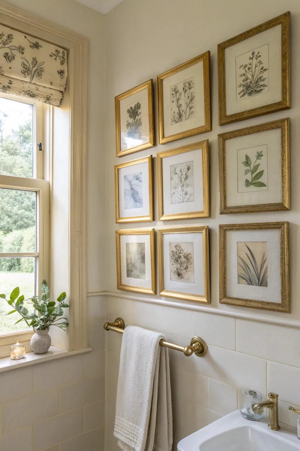 Mini gilded frame gallery: instant Victorian charm above the towel bar—zero floor space needed.