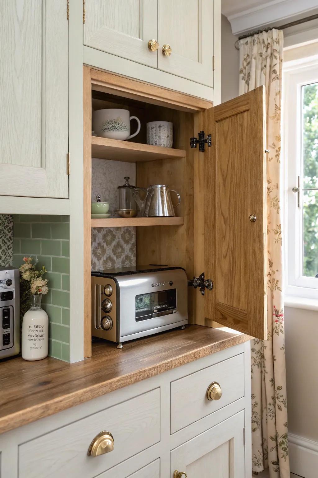 A Victorian-friendly appliance garage that hides cords and clutter for a calmer small kitchen.
