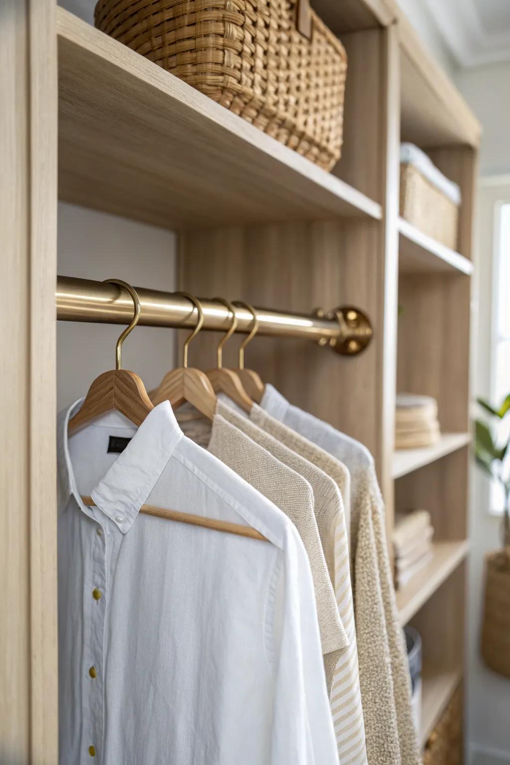 A pull-out valet rod keeps tomorrow’s outfit ready—no more chair pile in a tiny walk-in closet.