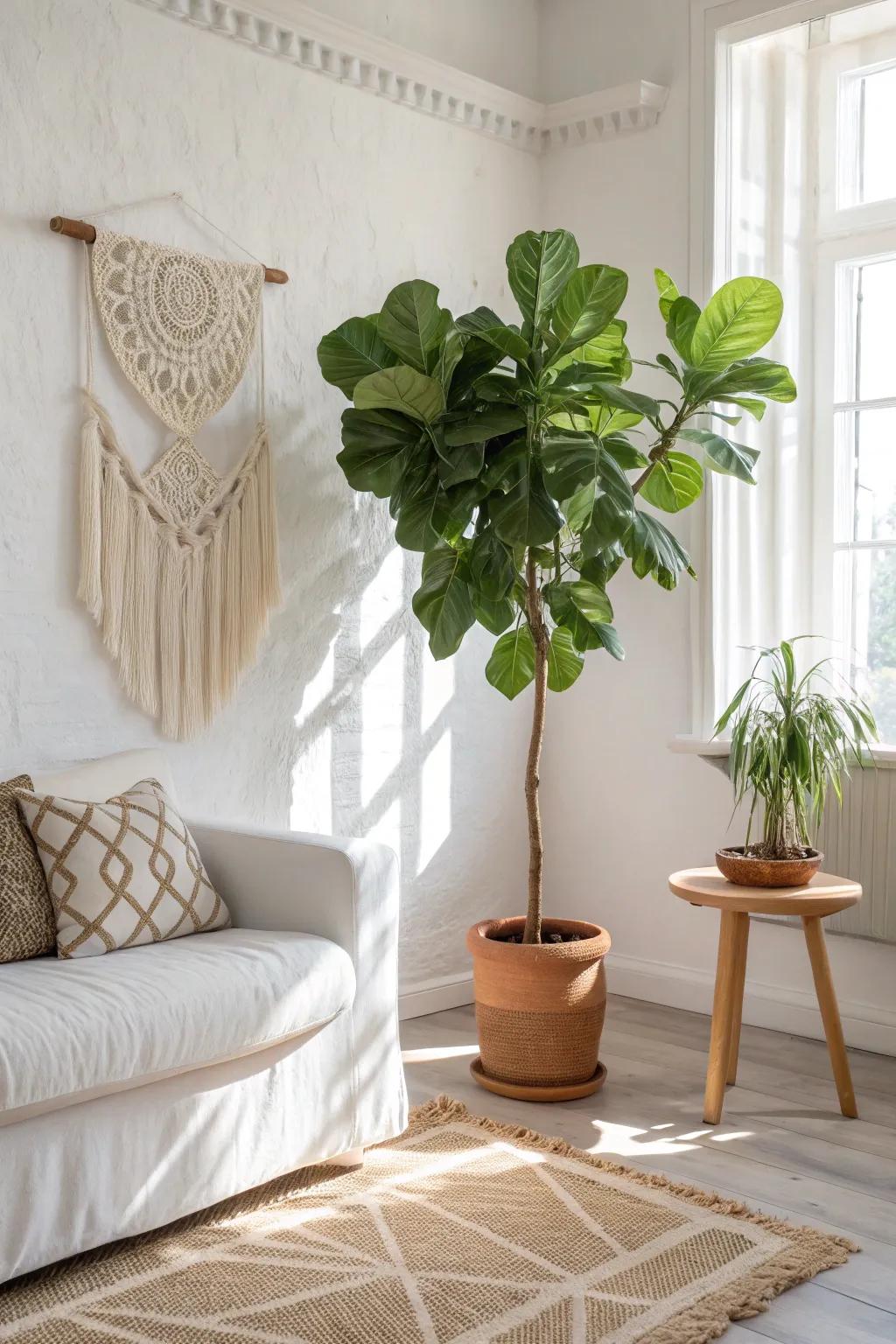 One tall green plant instantly adds fresh contrast and calm life to a small white living room.