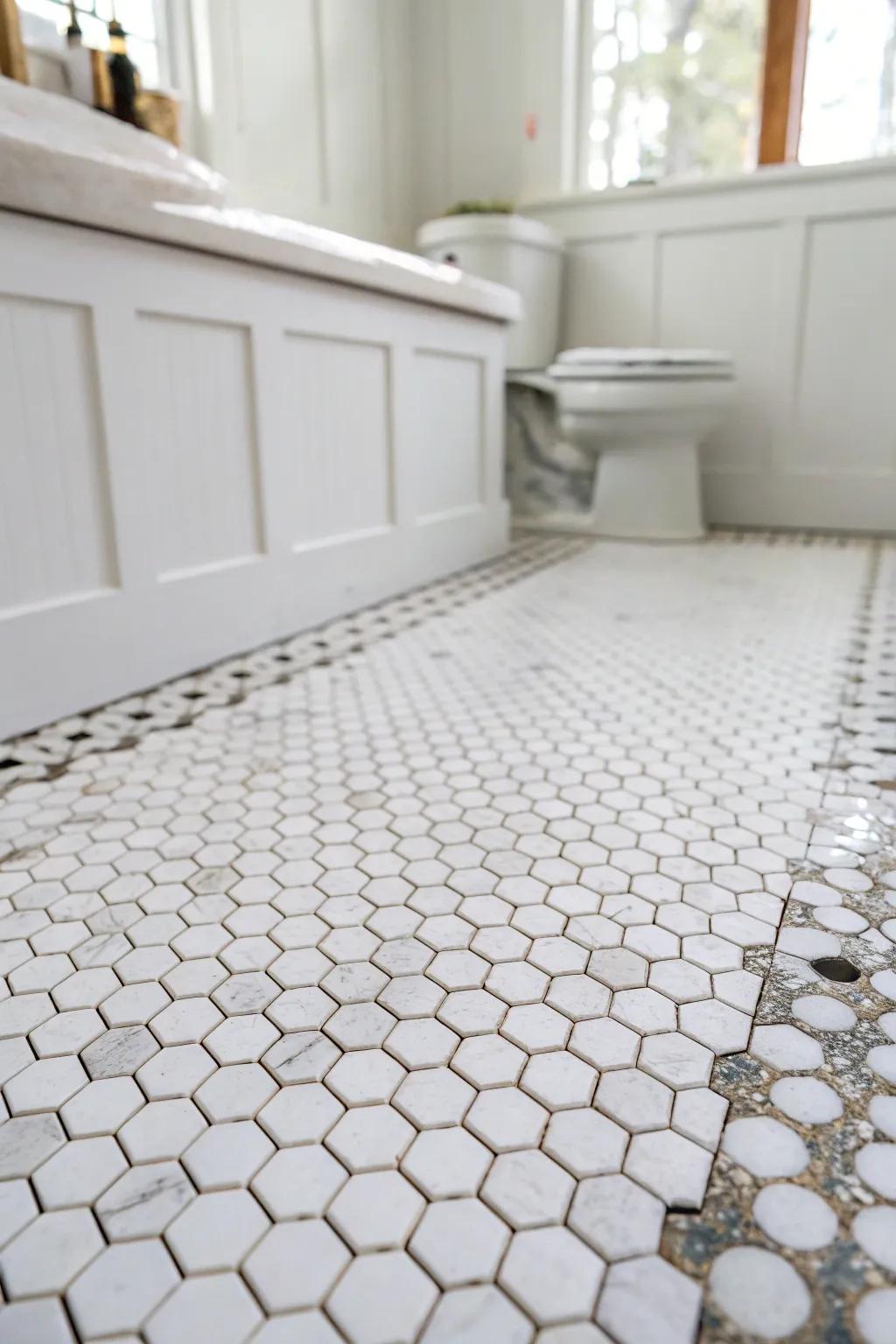 White marble mosaic flooring that turns a tiny bathroom into a boutique-hotel moment.
