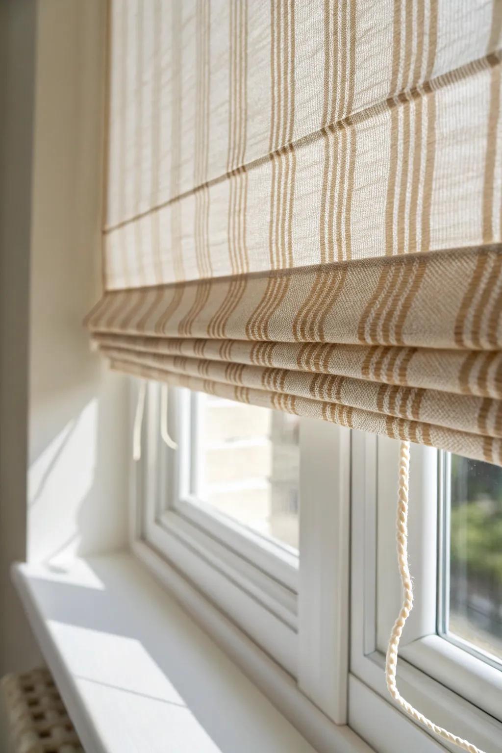 Soft striped blinds add a tiny pop—calm, crafted, and perfect for small windows.
