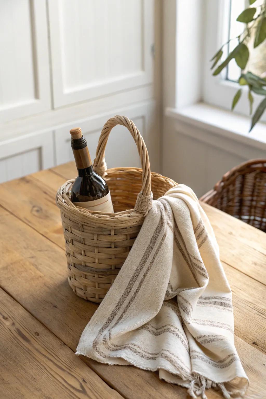 A chic tea towel wrap turns a tiny wine basket into a simple, elevated gift moment.