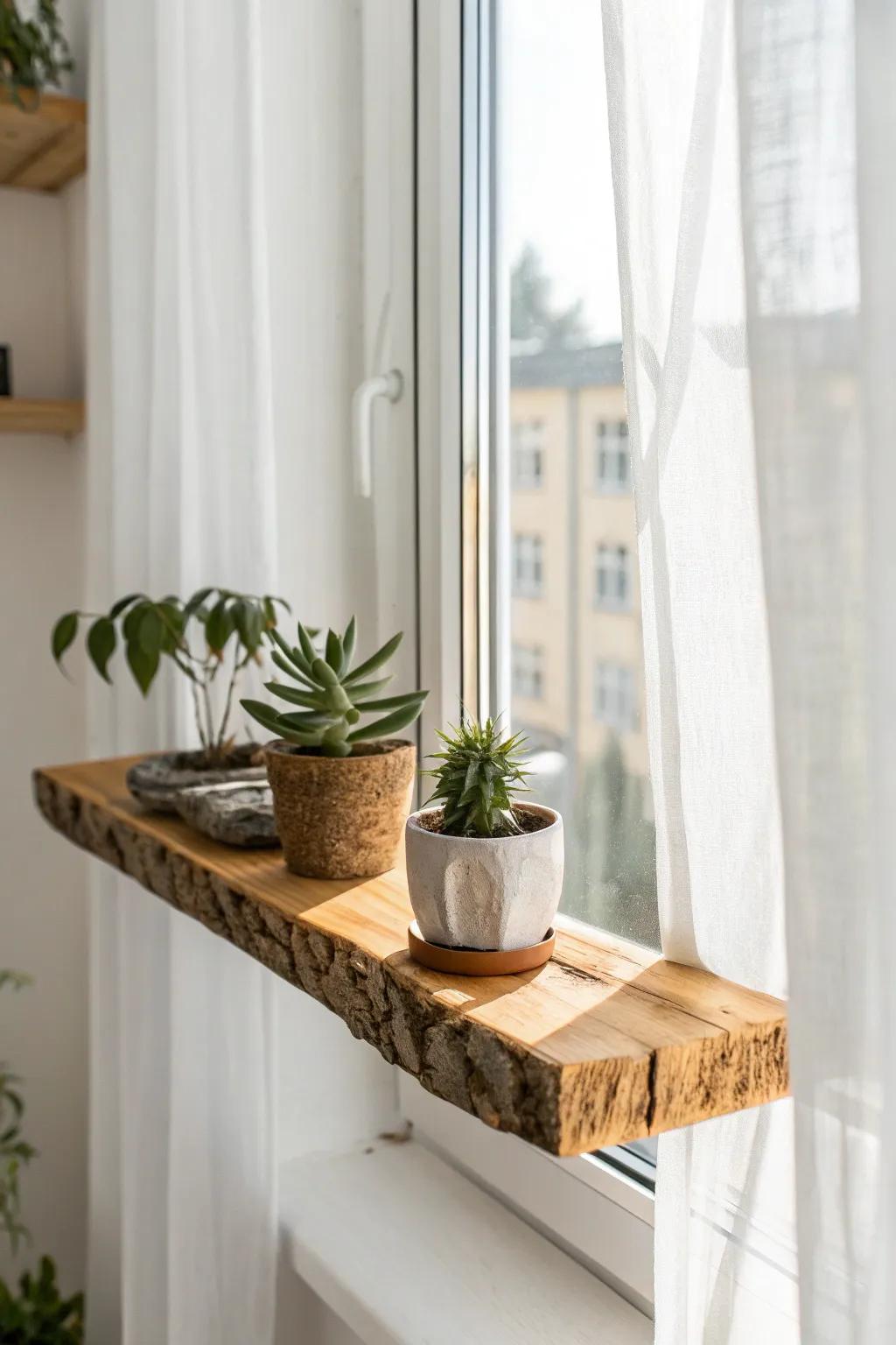 Live-edge wood slab window shelf—an airy small-space upgrade that lifts plants into the light.