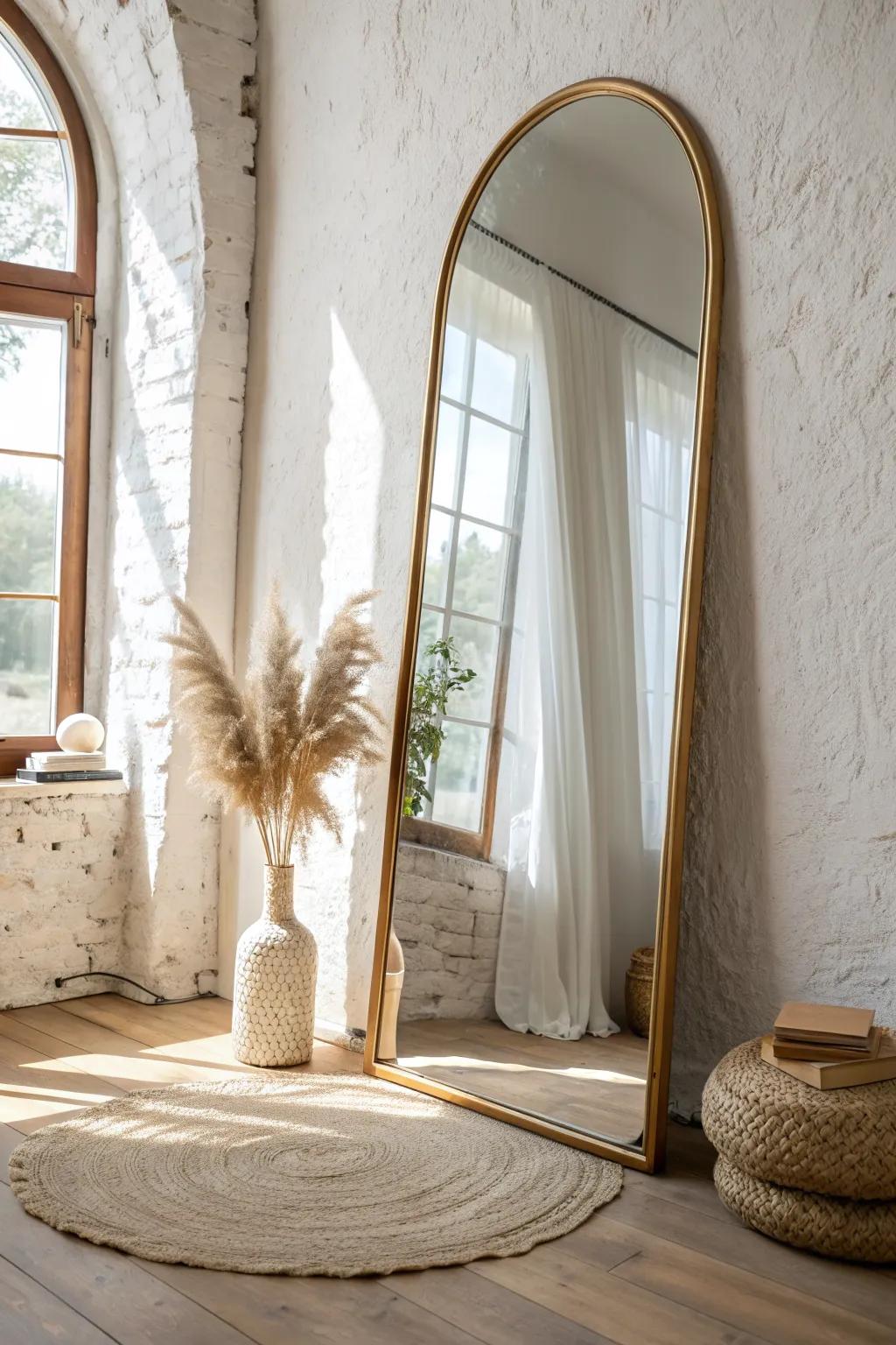 A mirror opposite the brightest window doubles natural light—instant airy, renter-friendly drama.