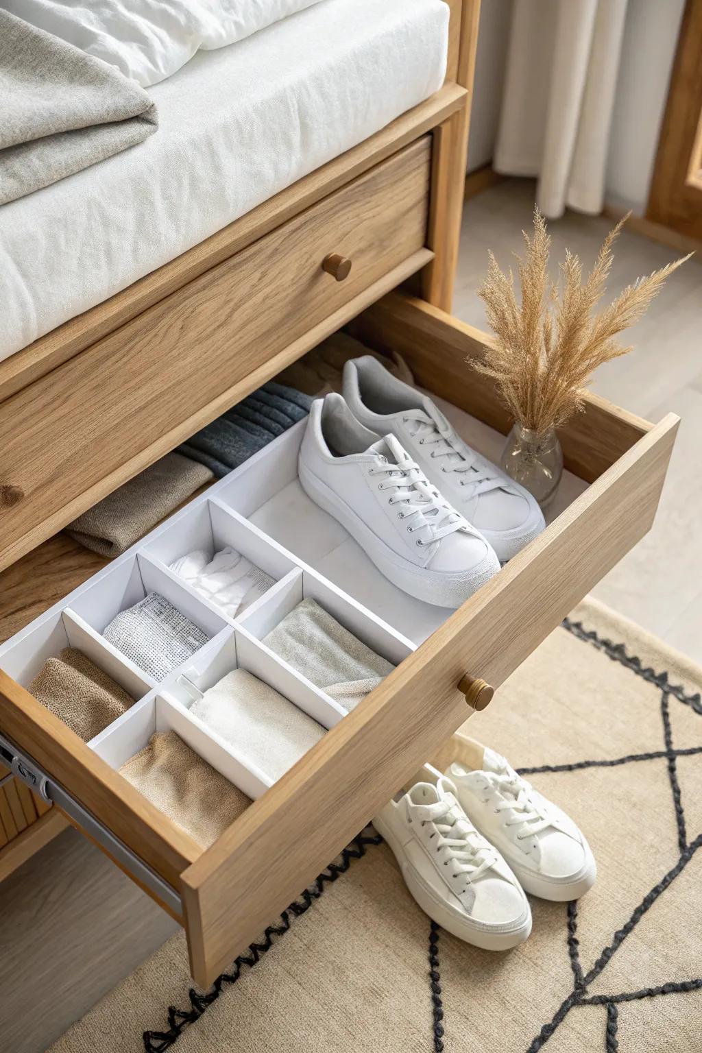 Flat-lay drawer dividers keep sneakers perfectly paired—tidy, calm, and space-saving.