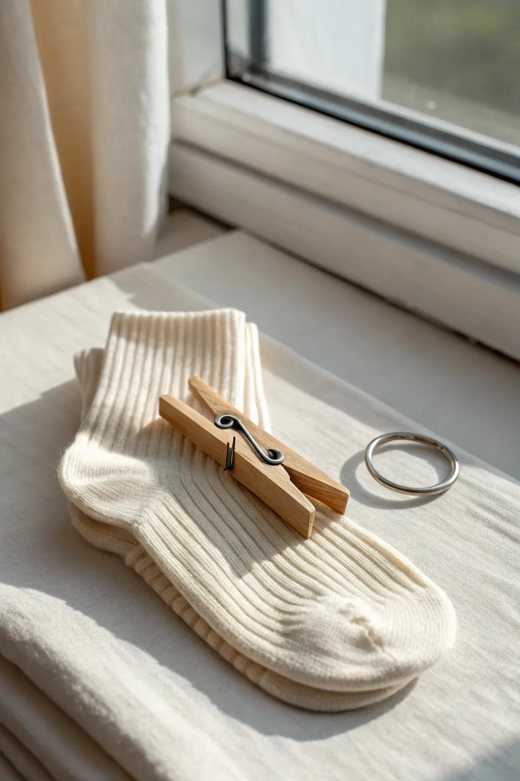 Clip socks together before the hamper—one simple clothespin keeps every pair intact.