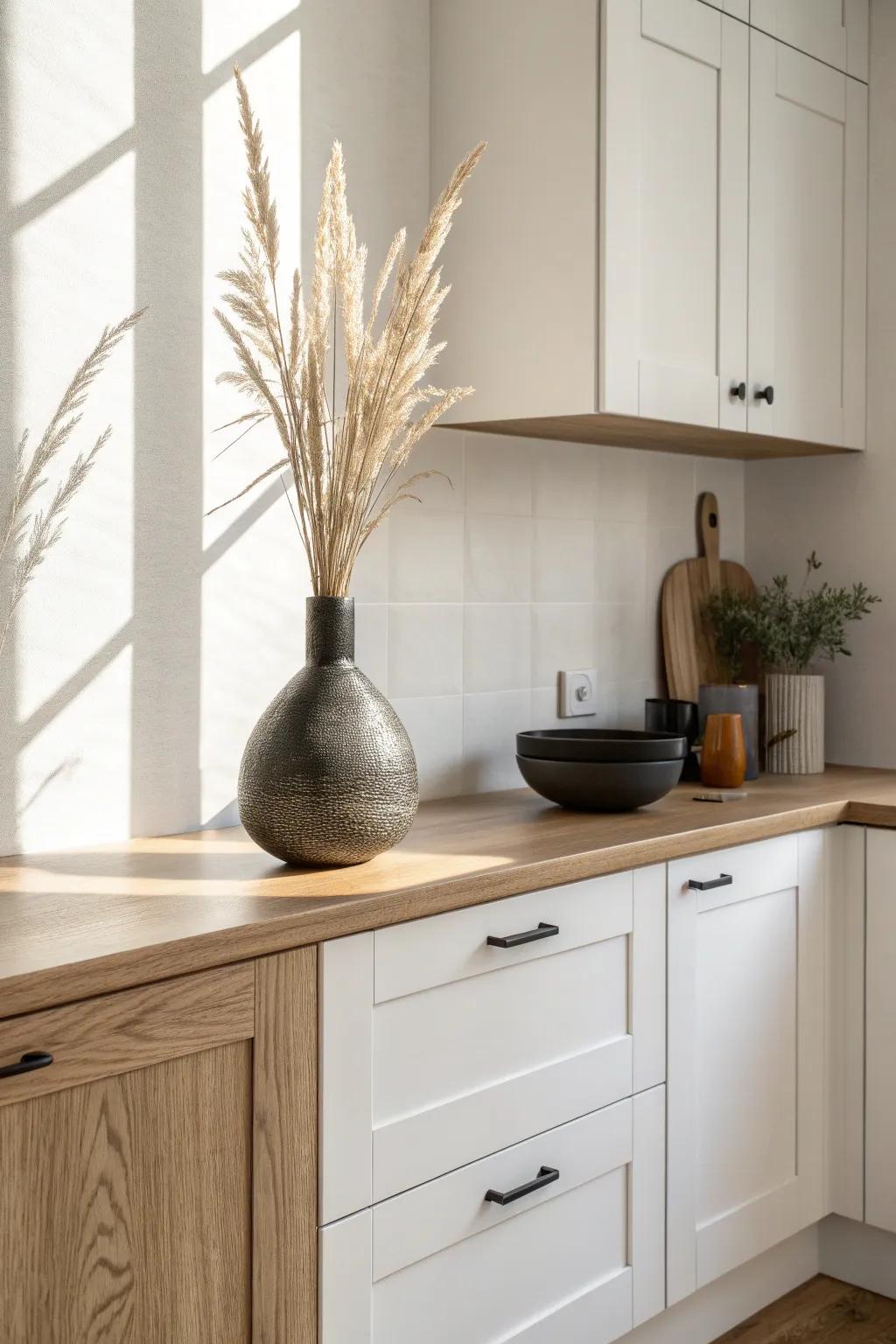 Turn that awkward cabinet corner into a designed nook with one sculptural statement vase.