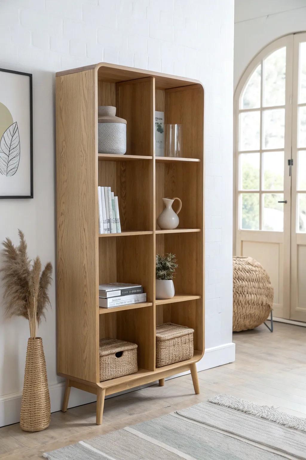 Two-sided open shelving divider: define zones and gain storage without blocking light.